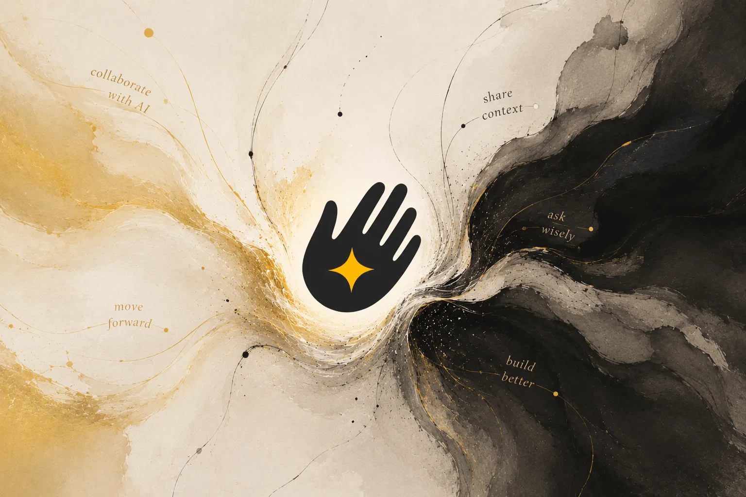 Ink-and-gold artwork: the PassbackAI hand and spark at the meeting point of a golden flow and a dark ink flow